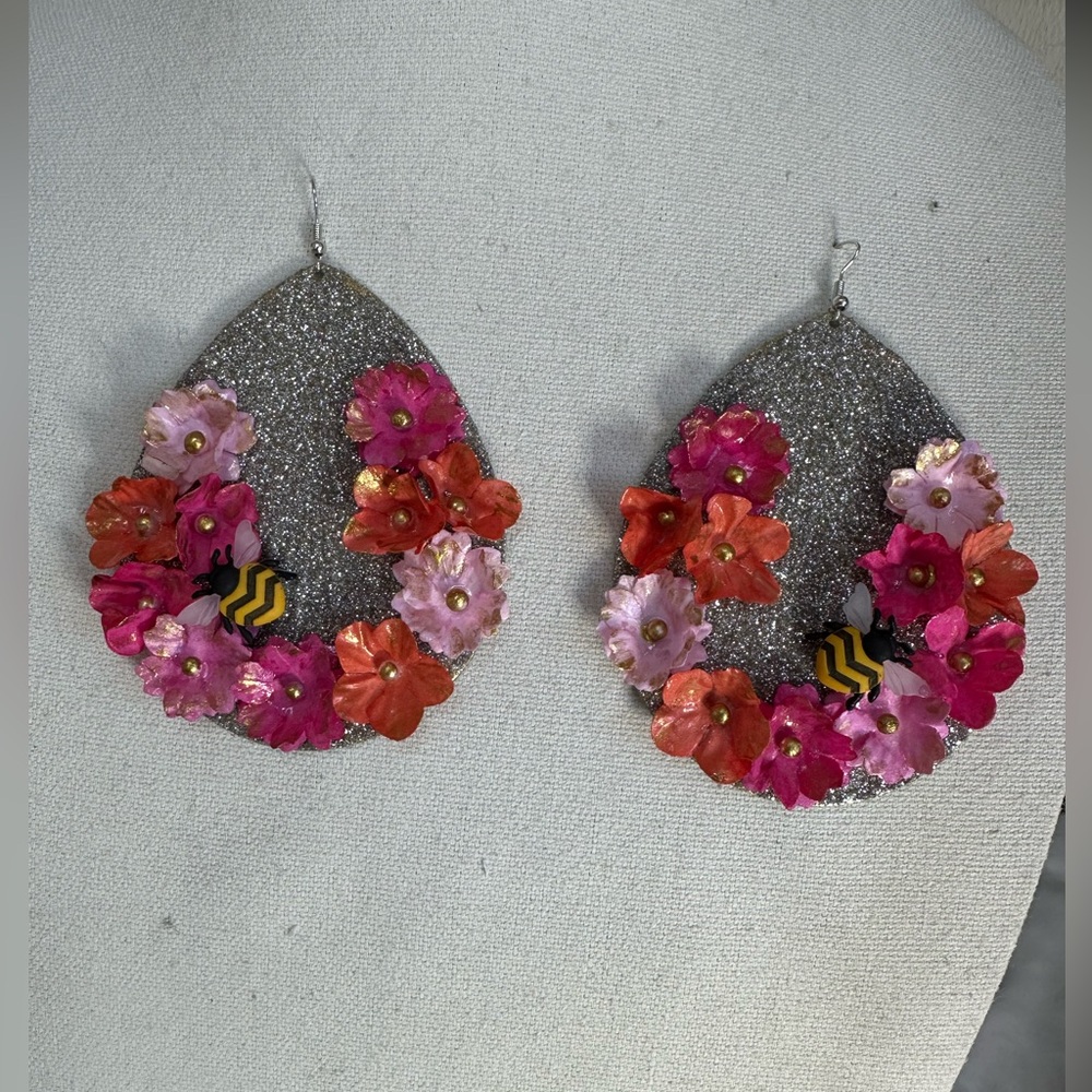Large floral sparkly spring summer earrings